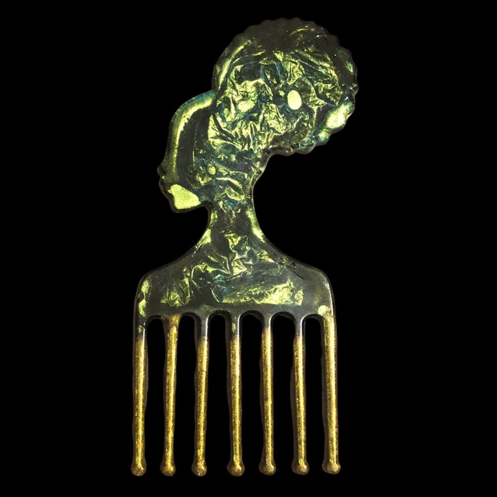 Handcrafted hair comb, pick green resin.